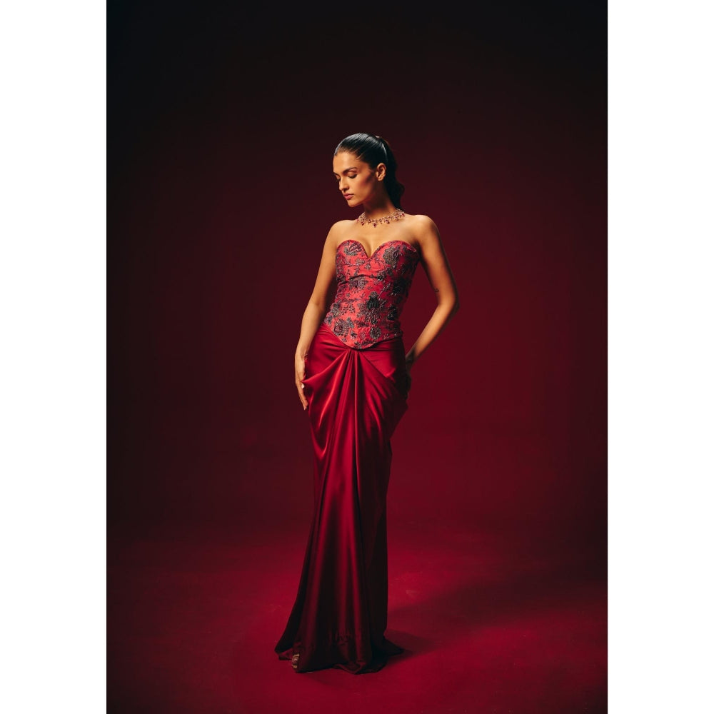 Roze Zyra Red Embroidered Corset Top with Skirt