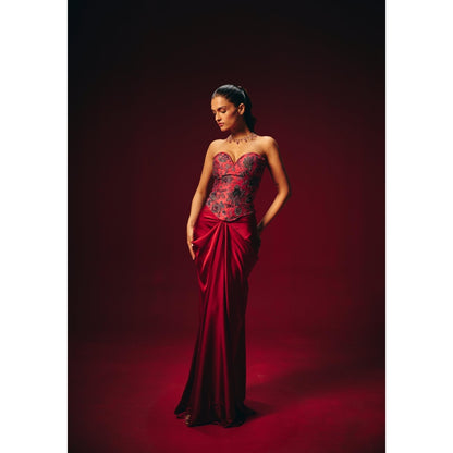 Roze Zyra Red Embroidered Corset Top with Skirt