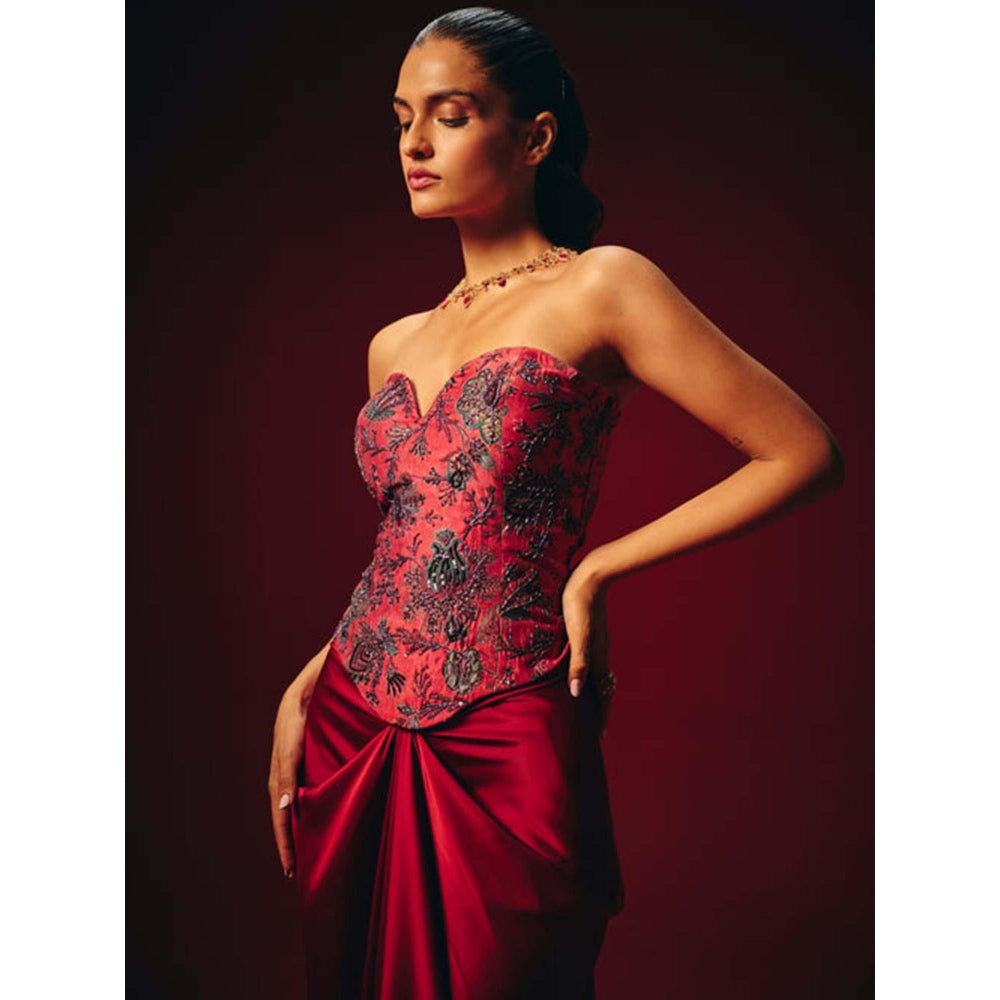 Roze Zyra Red Embroidered Corset Top
