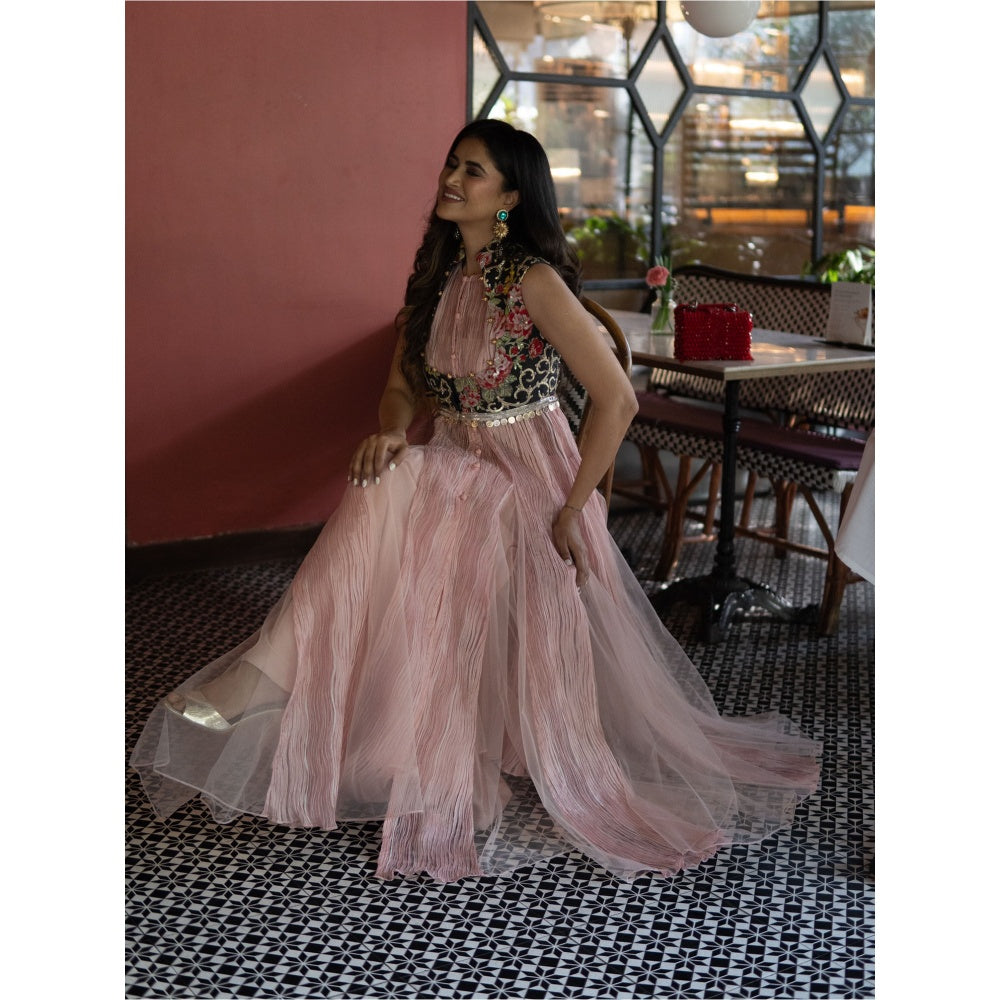 Rozina A Pink Crushed Tulle Anarkali with Koti and Pair of Palazzo Pants (Set of 3)