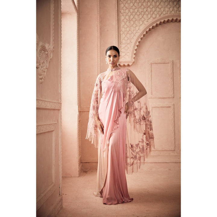 Pink Shaded Gown In Satin It Is With Embroidered Cape (Set of 2)