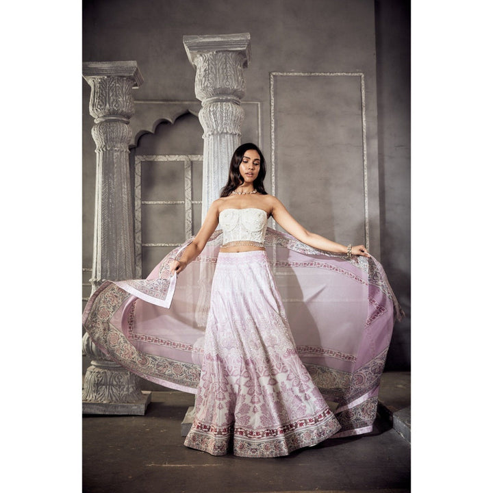 Off White and Pink Printed Lehenga With Embroidered Crop Top With Dupatta (Set of 3)