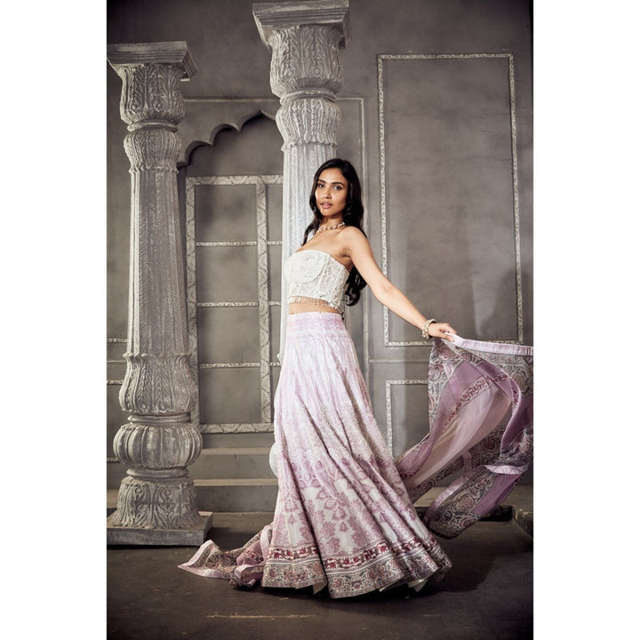 Off White and Pink Printed Lehenga With Embroidered Crop Top With Dupatta (Set of 3)