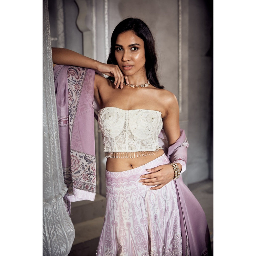 Off White and Pink Printed Lehenga With Embroidered Crop Top With Dupatta (Set of 3)