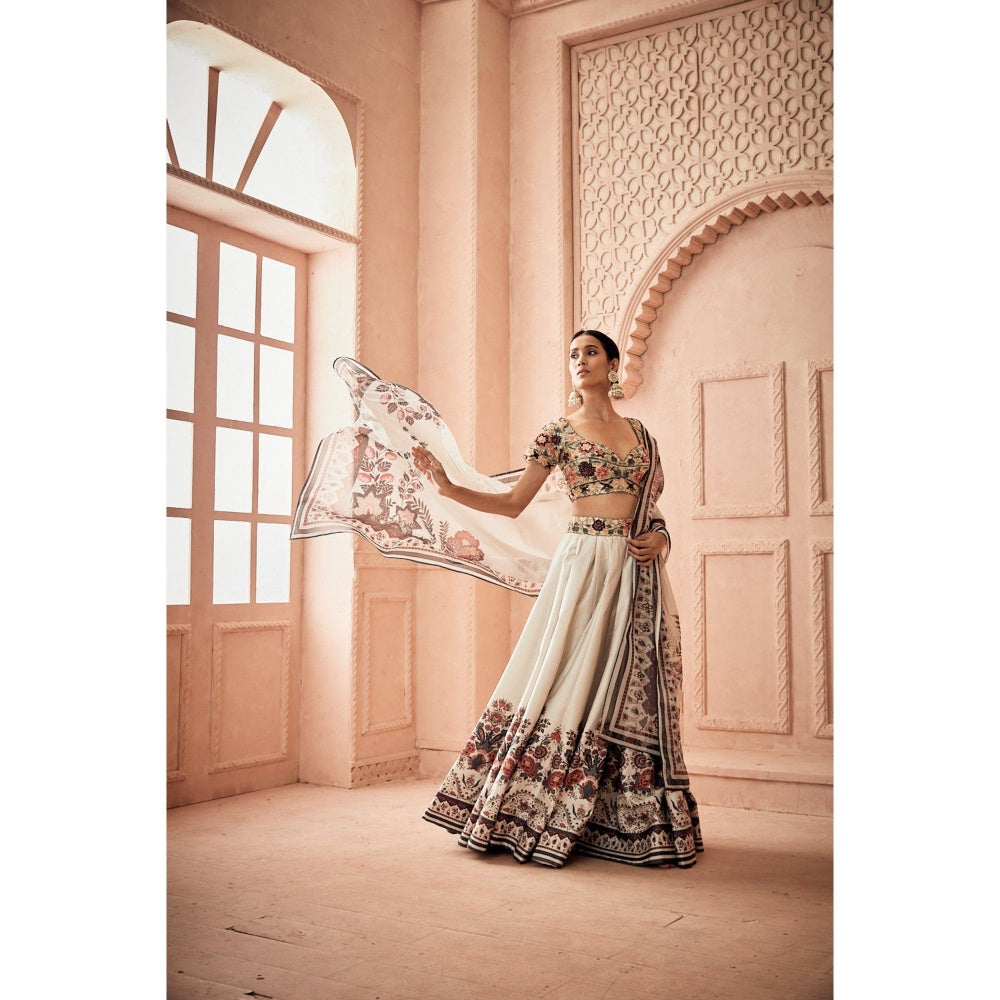 Embellished Blouse With Silk Printed Lehenga And A Printed Organza Dupatta (Set of 3)