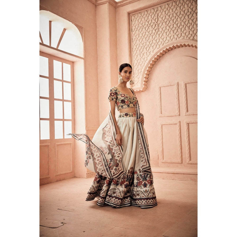 Embellished Blouse With Silk Printed Lehenga And A Printed Organza Dupatta (Set of 3)