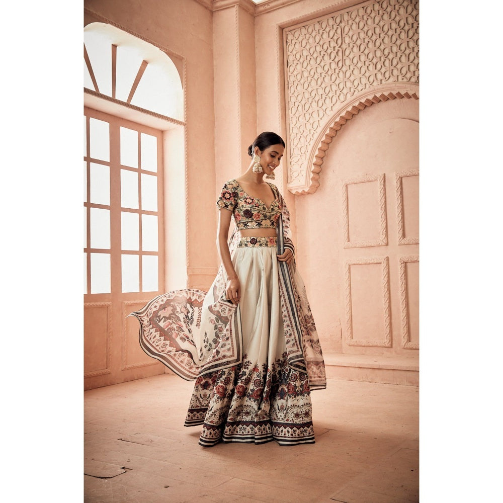 Embellished Blouse With Silk Printed Lehenga And A Printed Organza Dupatta (Set of 3)