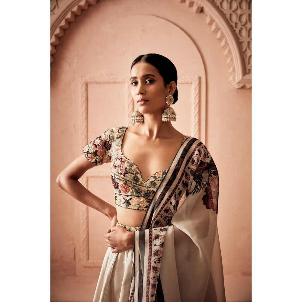 Embellished Blouse With Silk Printed Lehenga And A Printed Organza Dupatta (Set of 3)