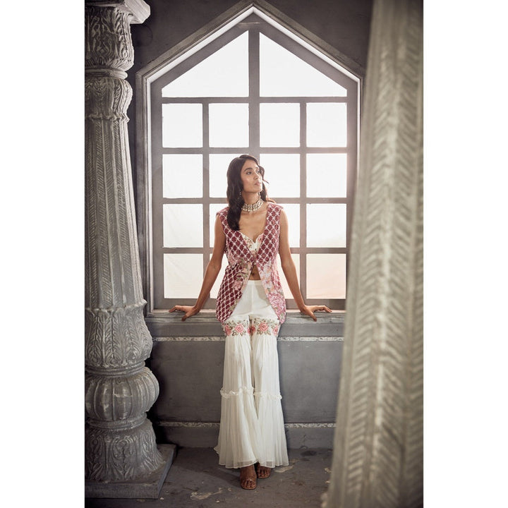 Off White Sharara Teamed With Embroidered Blouse And A Pink Velvet Jacket (Set of 3)