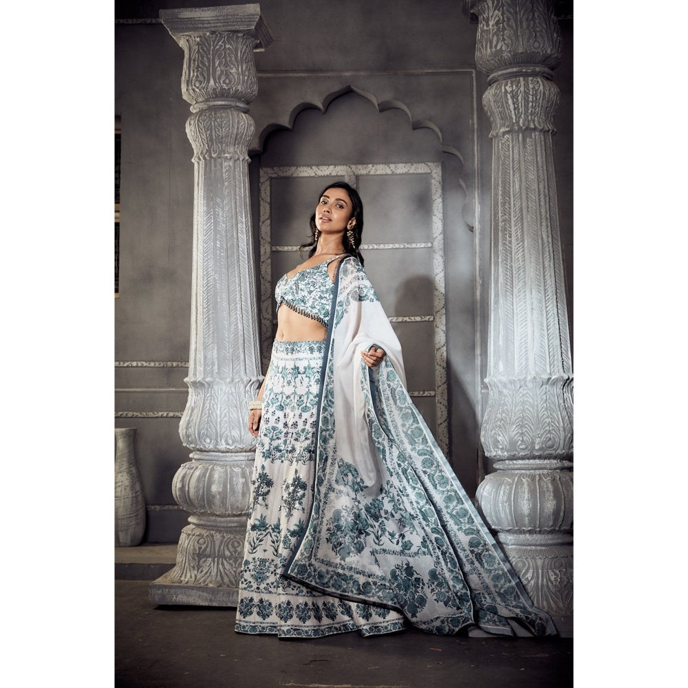 Off White And Blue Embroidered Lehenga with Blouse and Dupatta (Set of 3)