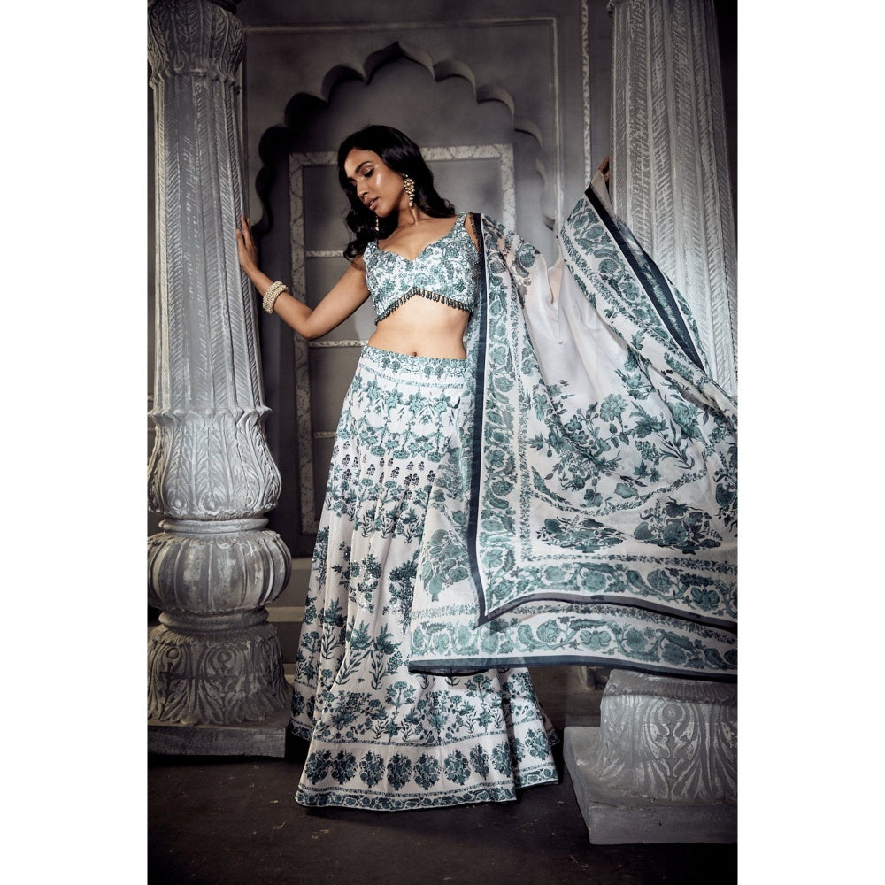 Off White And Blue Embroidered Lehenga with Blouse and Dupatta (Set of 3)