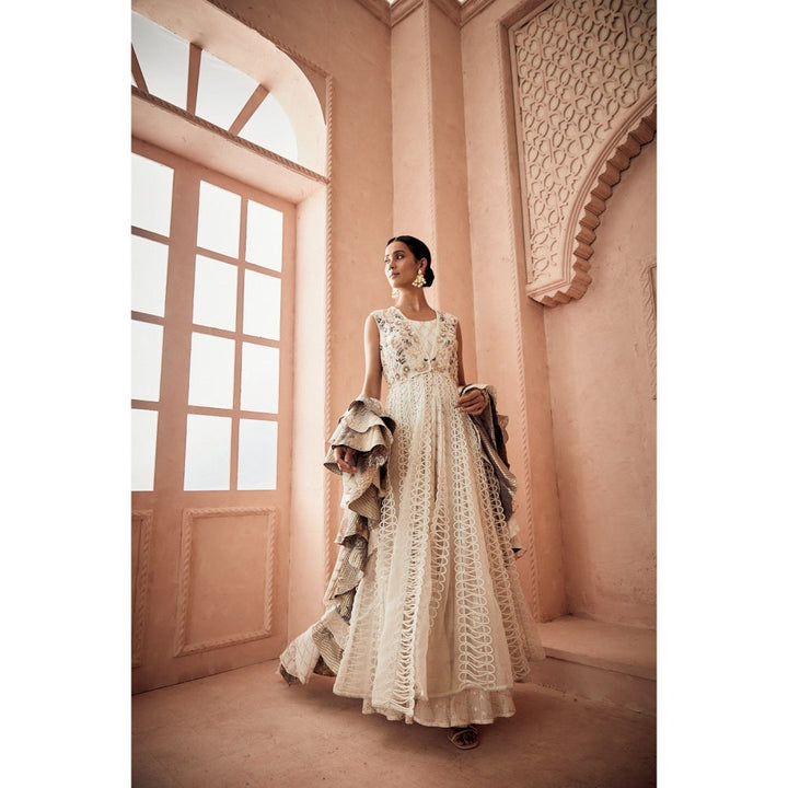 Kalidar Jacket Teamed With An Off white And Gold Chanderi Gown And Dupatta (Set of 3)