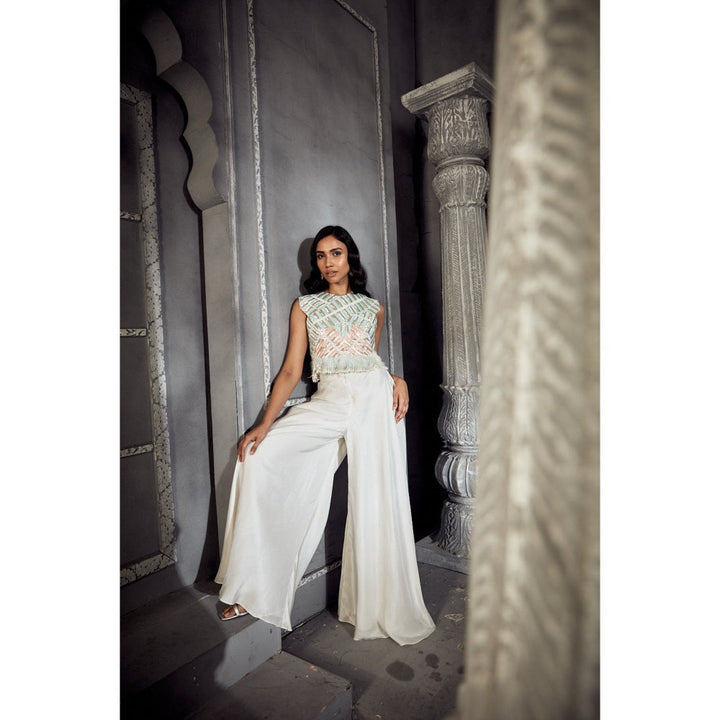 Embroidered Crop Top With Sali Work Teamed With Off White Silk Palazzo (Set of 2)