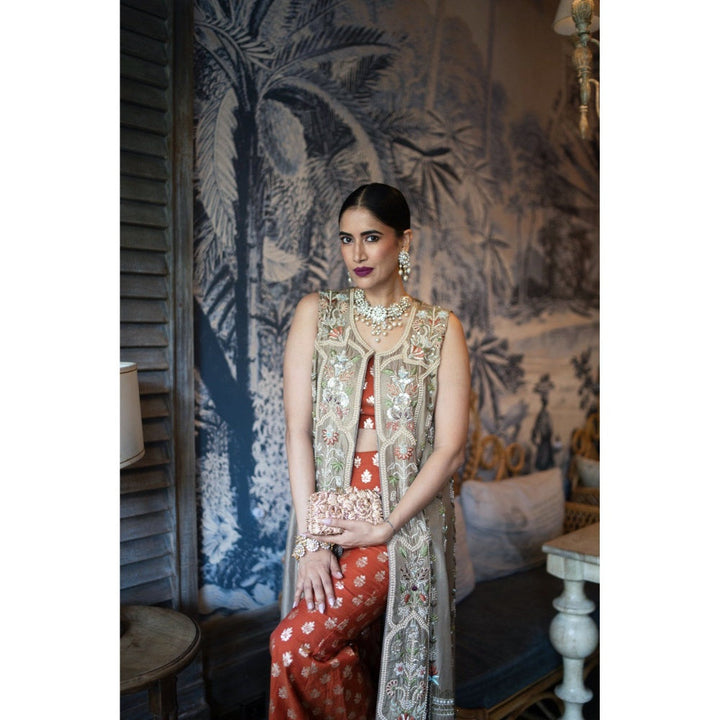 Jacket Is Embellished With Gold Zari Embroidery With Palazzo And Choli (Set of 3)