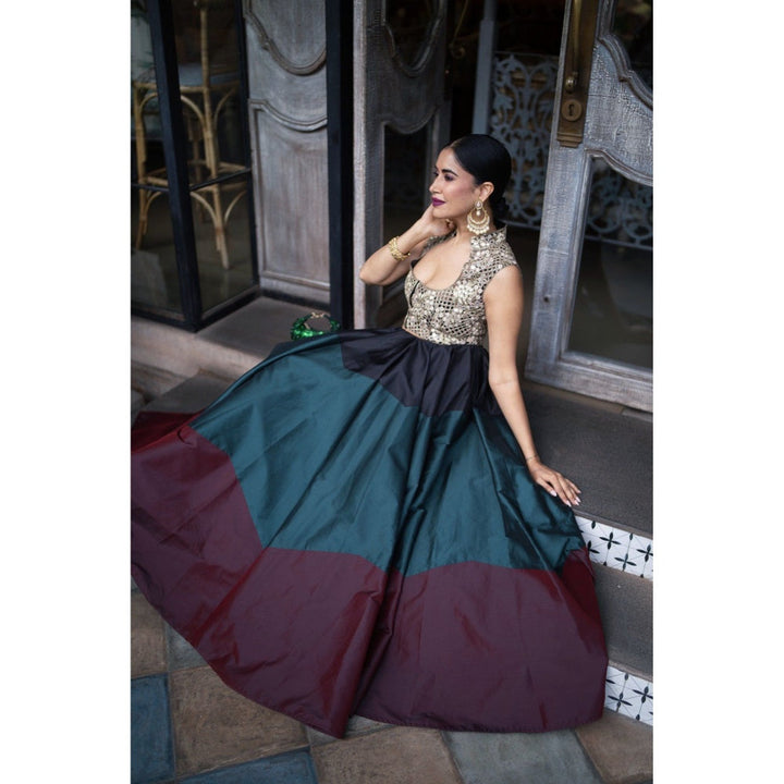 Black Mirror Embroidered Choli With Silk Tricoloured Lehenga (Set of 2)