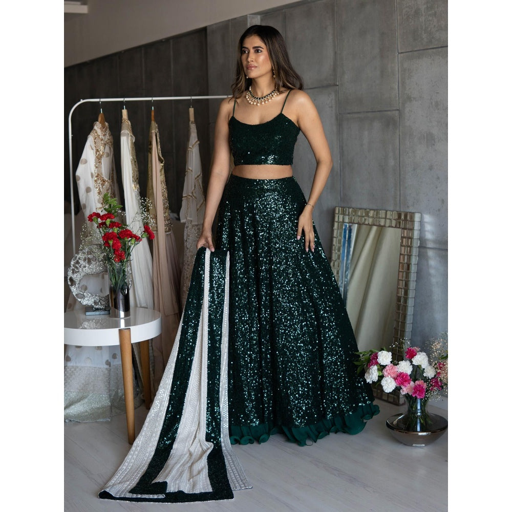 Rozina A Gree Sequinced Choli And Ghagra With Off White Georgette Lucknowi Dupatta (Set Of 3)