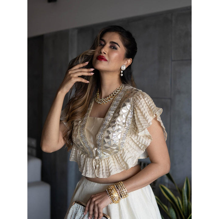 Rozina A Gold Embriodered Blouse With A Frill An Off White Skirt (Set Of 2)