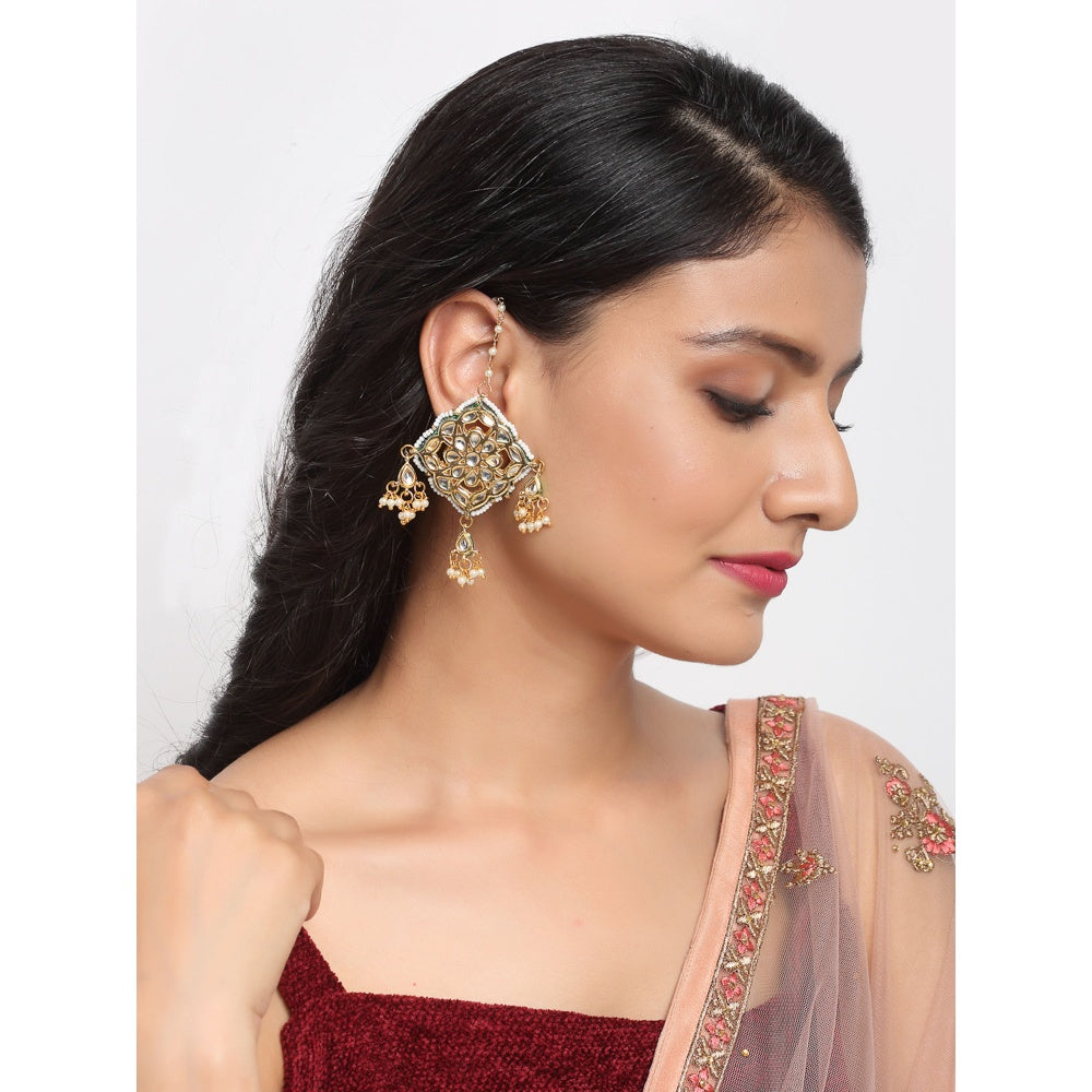 RUBY RAANG STUDIO Ruby Raang Gold Tone Kundan Studs with Ear Chains