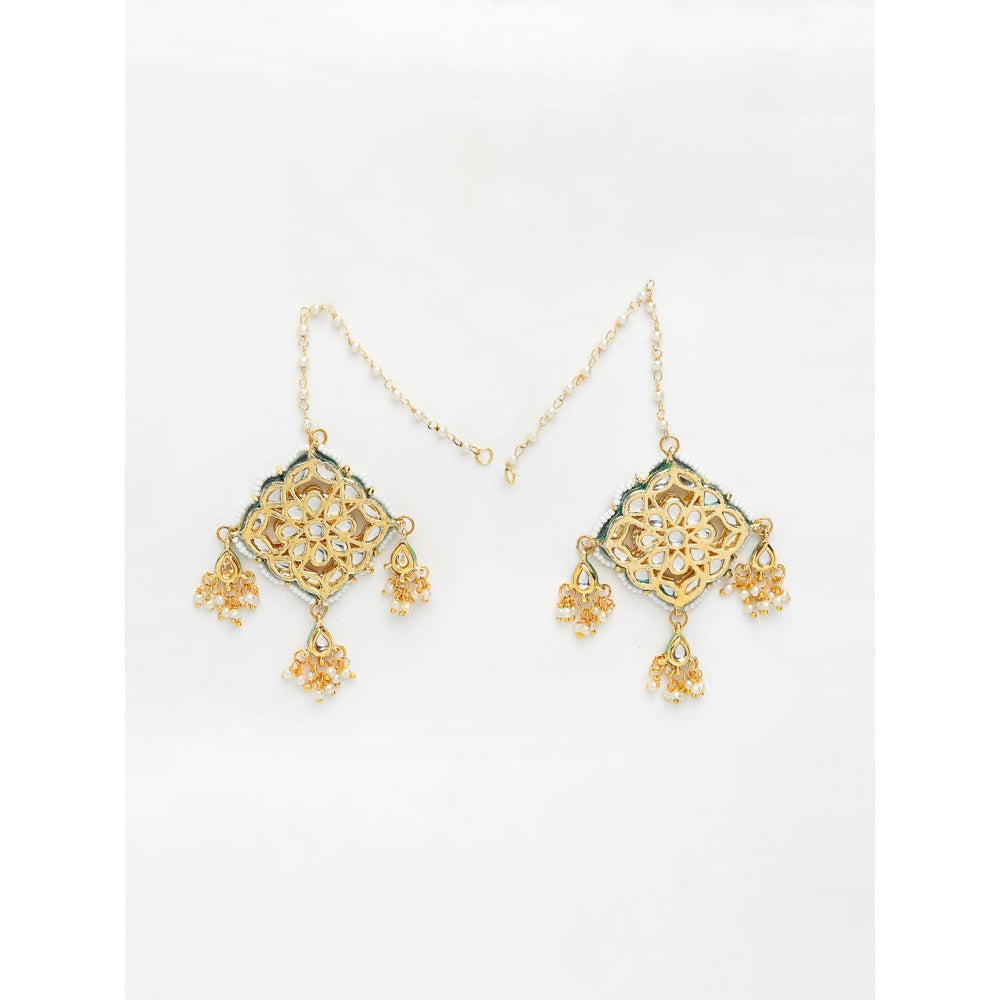 RUBY RAANG STUDIO Ruby Raang Gold Tone Kundan Studs with Ear Chains