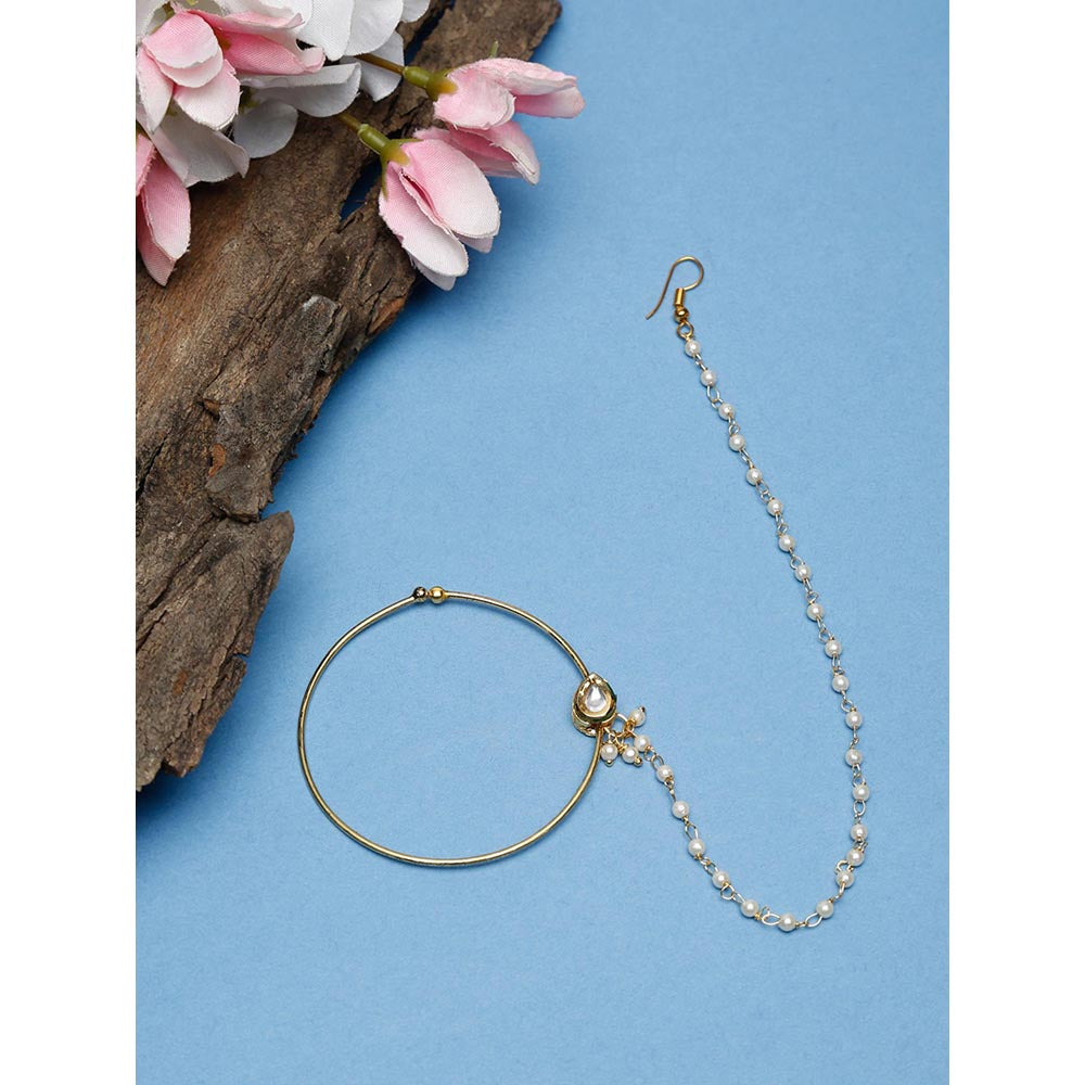 RUBY RAANG STUDIO Gold-Toned White Faux Kundan-Studded Pearl Beaded Chained Nose Ring