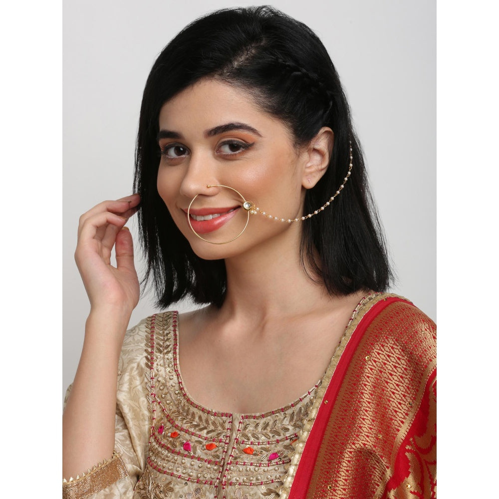 RUBY RAANG STUDIO Gold-Plated White Faux Kundan Pearl Beaded Handcrafted Chained Nose Ring