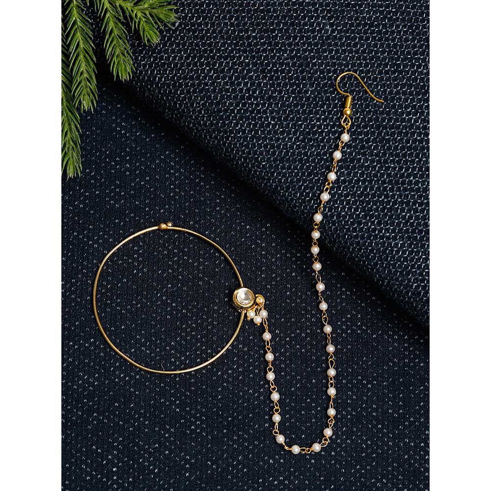 RUBY RAANG STUDIO Gold-Plated White Faux Kundan Pearl Beaded Handcrafted Chained Nose Ring