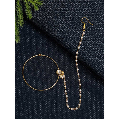 RUBY RAANG STUDIO Gold-Plated White Faux Kundan Pearl Beaded Handcrafted Chained Nose Ring
