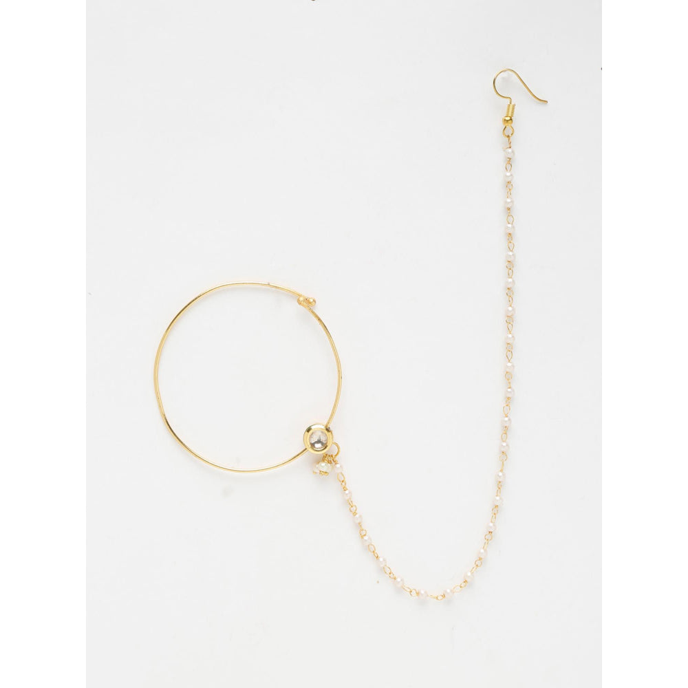 RUBY RAANG STUDIO Gold-Plated White Faux Kundan Pearl Beaded Handcrafted Chained Nose Ring