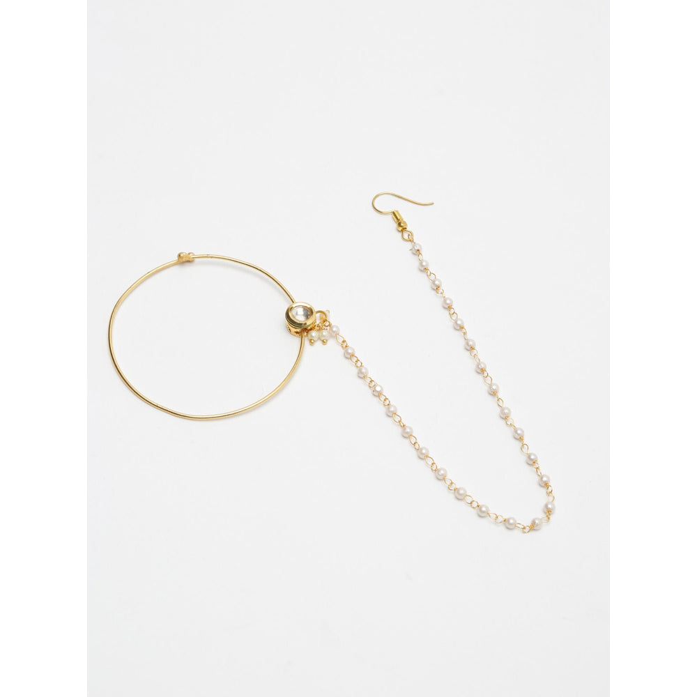 RUBY RAANG STUDIO Gold-Plated White Faux Kundan Pearl Beaded Handcrafted Chained Nose Ring
