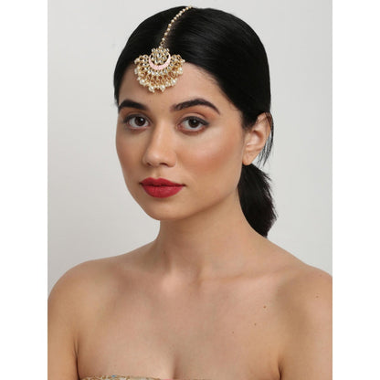 RUBY RAANG STUDIO Gold-Plated White Faux Kundan-Studded Pearl Beaded Handcrafted Maang Tika