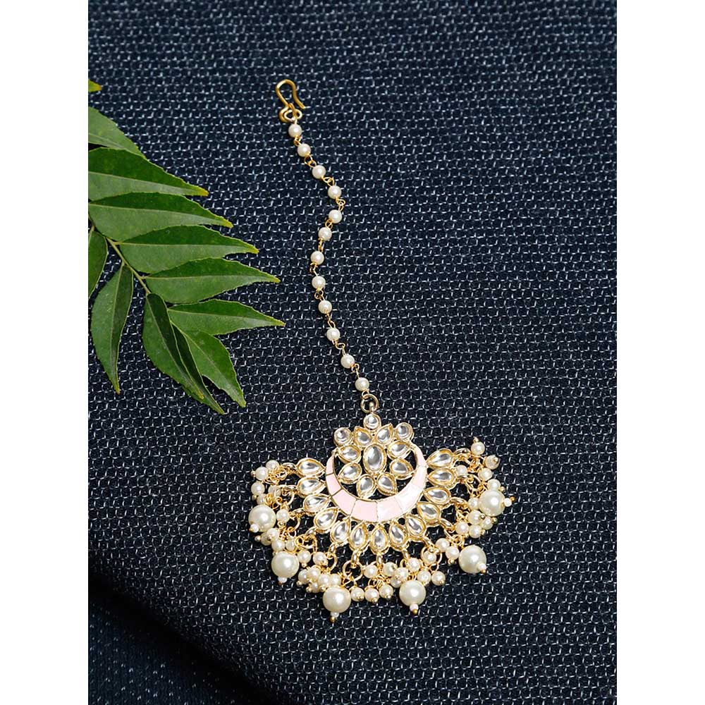RUBY RAANG STUDIO Gold-Plated White Faux Kundan-Studded Pearl Beaded Handcrafted Maang Tika