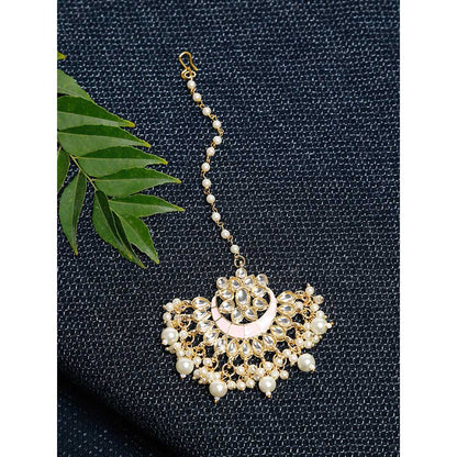 RUBY RAANG STUDIO Gold-Plated White Faux Kundan-Studded Pearl Beaded Handcrafted Maang Tika