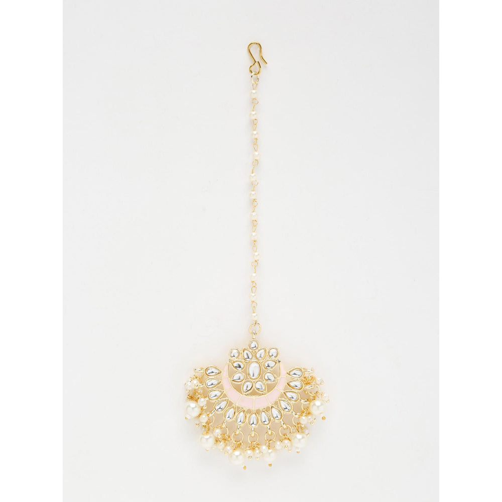 RUBY RAANG STUDIO Gold-Plated White Faux Kundan-Studded Pearl Beaded Handcrafted Maang Tika