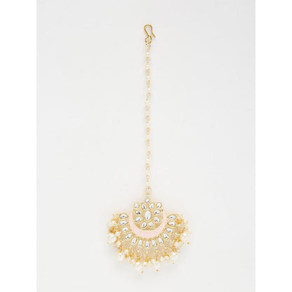 RUBY RAANG STUDIO Gold-Plated White Faux Kundan-Studded Pearl Beaded Handcrafted Maang Tika