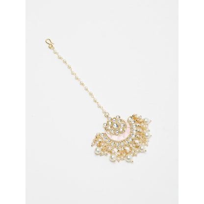 RUBY RAANG STUDIO Gold-Plated White Faux Kundan-Studded Pearl Beaded Handcrafted Maang Tika