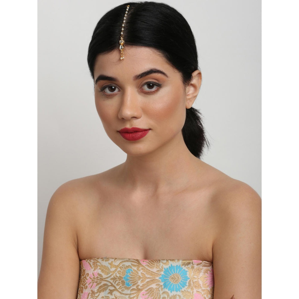 RUBY RAANG STUDIO Gold-Plated White Faux Kundan-Studded Faux Pearl Handcrafted Maang Tika