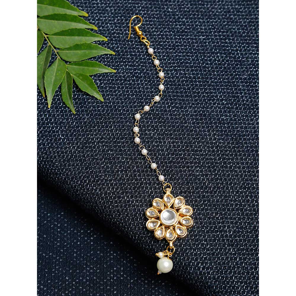 RUBY RAANG STUDIO Gold-Plated White Faux Kundan-Studded Handcrafted Maang Tikka