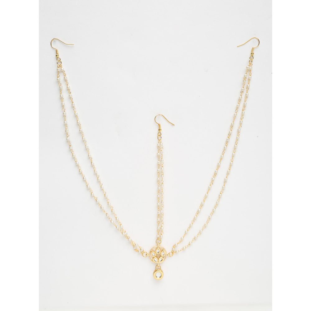 RUBY RAANG STUDIO Gold-Plated White Faux Kundan-Studded Faux Pearl Beaded Handcrafted Matha Patti