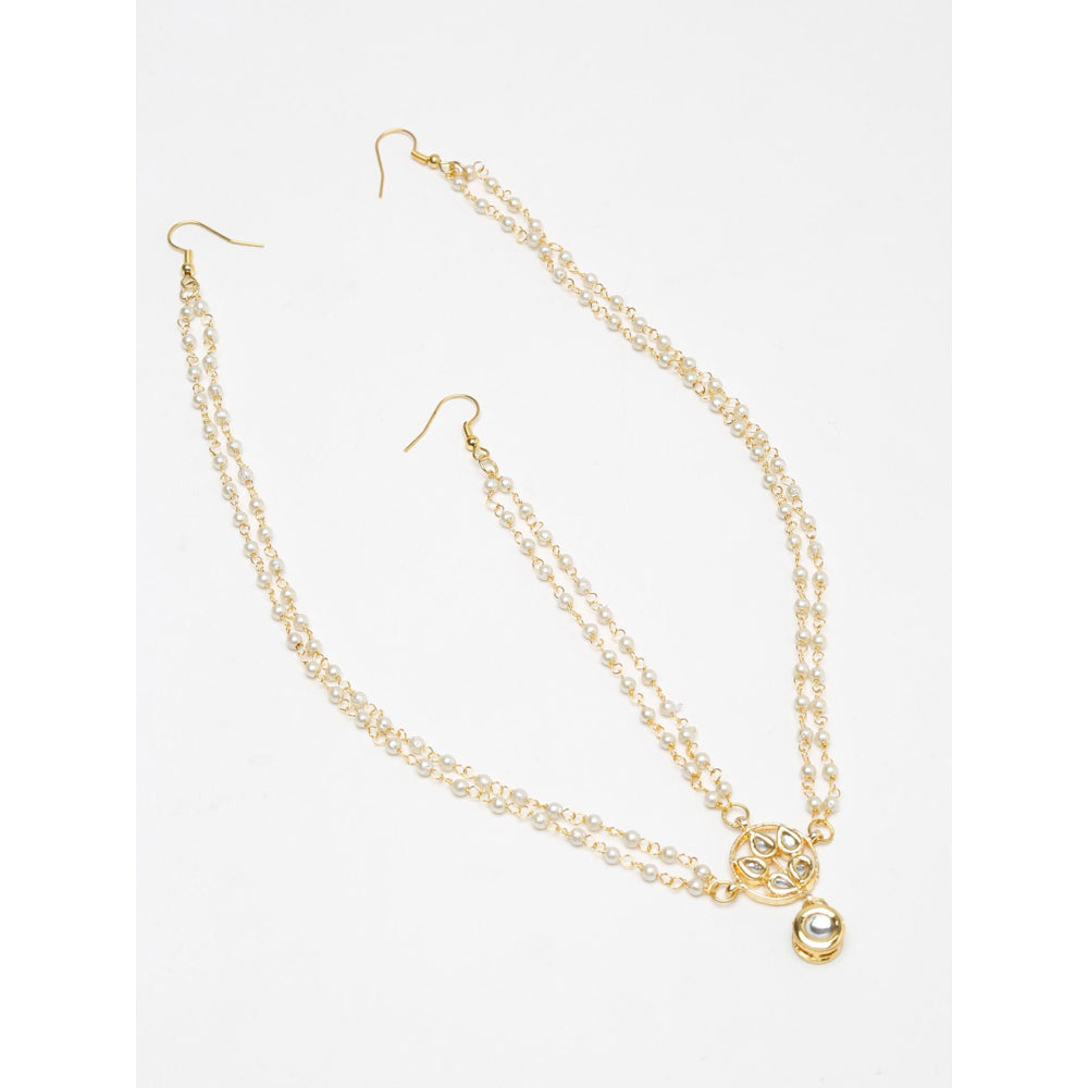 RUBY RAANG STUDIO Gold-Plated White Faux Kundan-Studded Faux Pearl Beaded Handcrafted Matha Patti