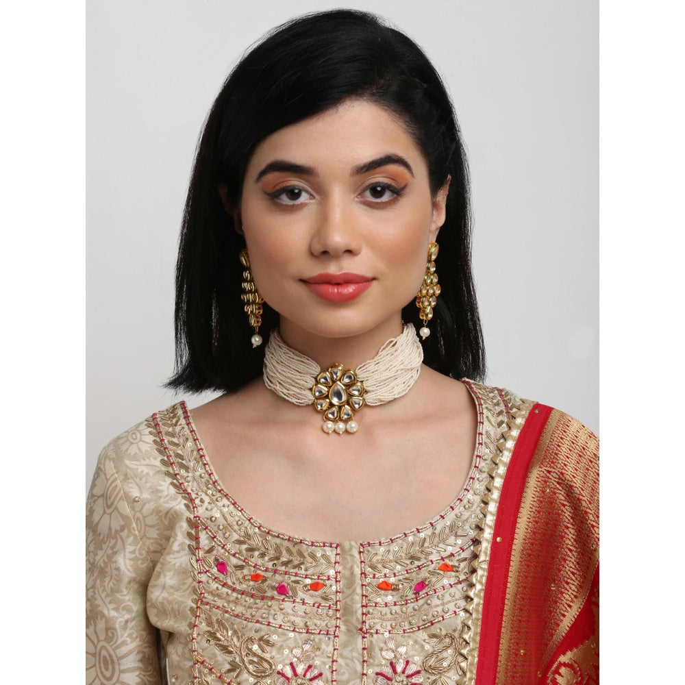 RUBY RAANG STUDIO Gold-Toned White Kundan-Studded Beaded Meenakari Jewellery Set