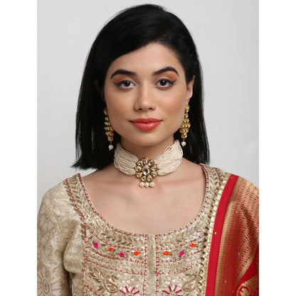 RUBY RAANG STUDIO Gold-Toned White Kundan-Studded Beaded Meenakari Jewellery Set