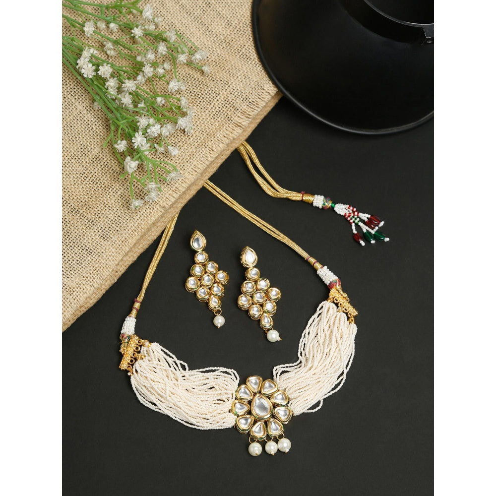 RUBY RAANG STUDIO Gold-Toned White Kundan-Studded Beaded Meenakari Jewellery Set