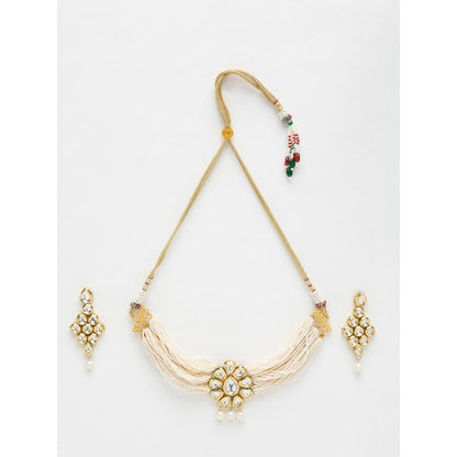RUBY RAANG STUDIO Gold-Toned White Kundan-Studded Beaded Meenakari Jewellery Set
