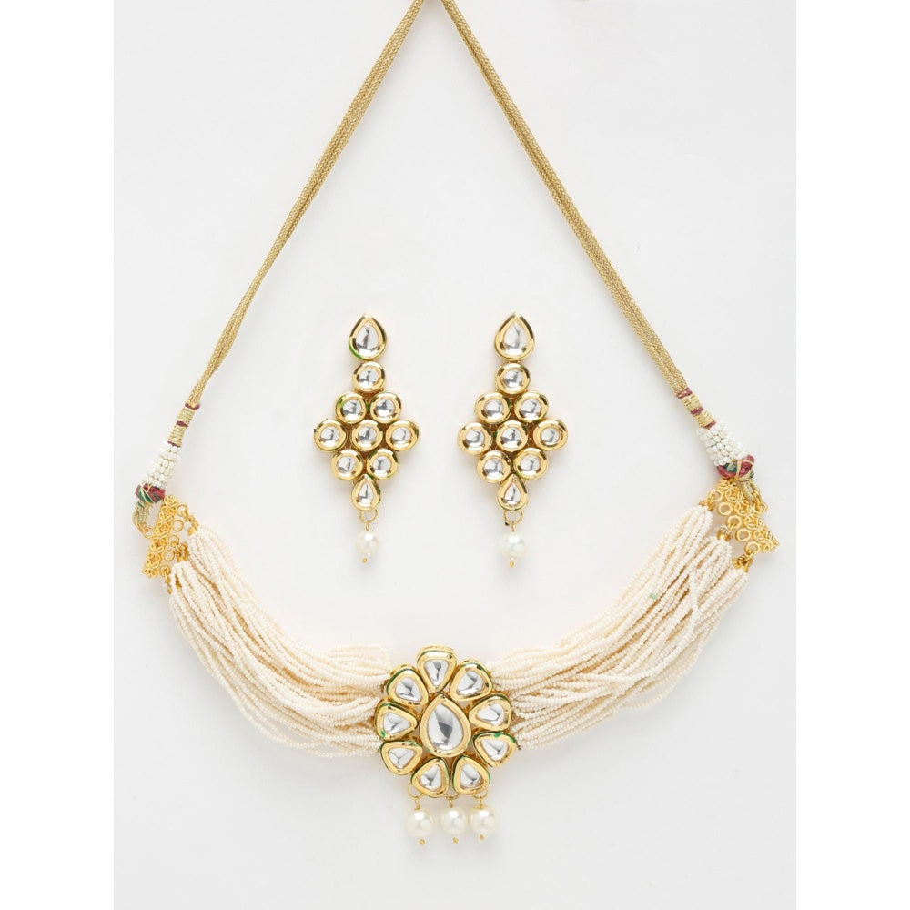 RUBY RAANG STUDIO Gold-Toned White Kundan-Studded Beaded Meenakari Jewellery Set