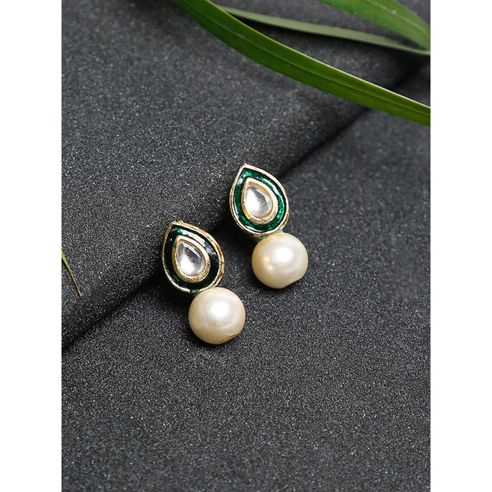 RUBY RAANG STUDIO Gold-Toned Green Pearl Teardrop Shaped Studs Earrings