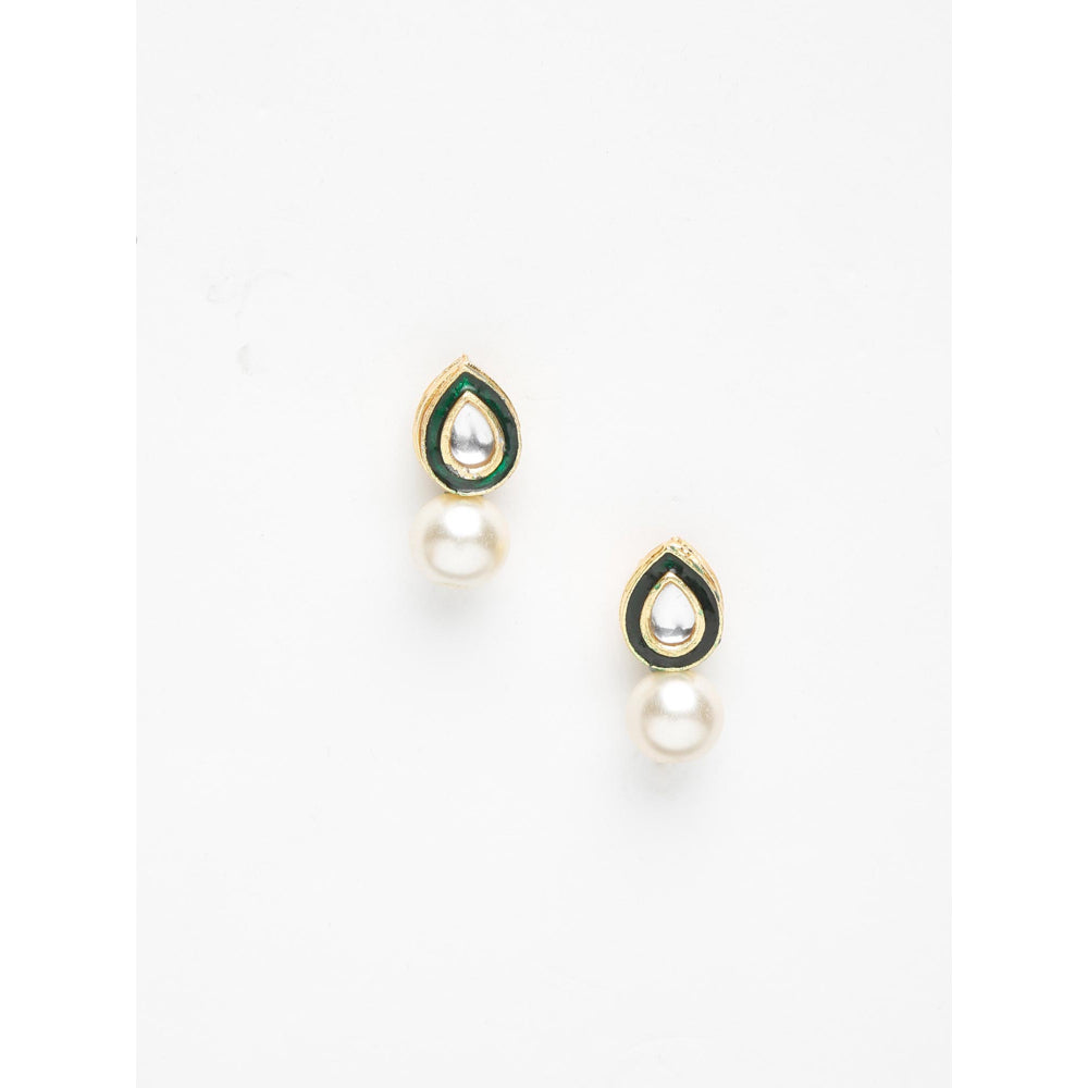 RUBY RAANG STUDIO Gold-Toned Green Pearl Teardrop Shaped Studs Earrings