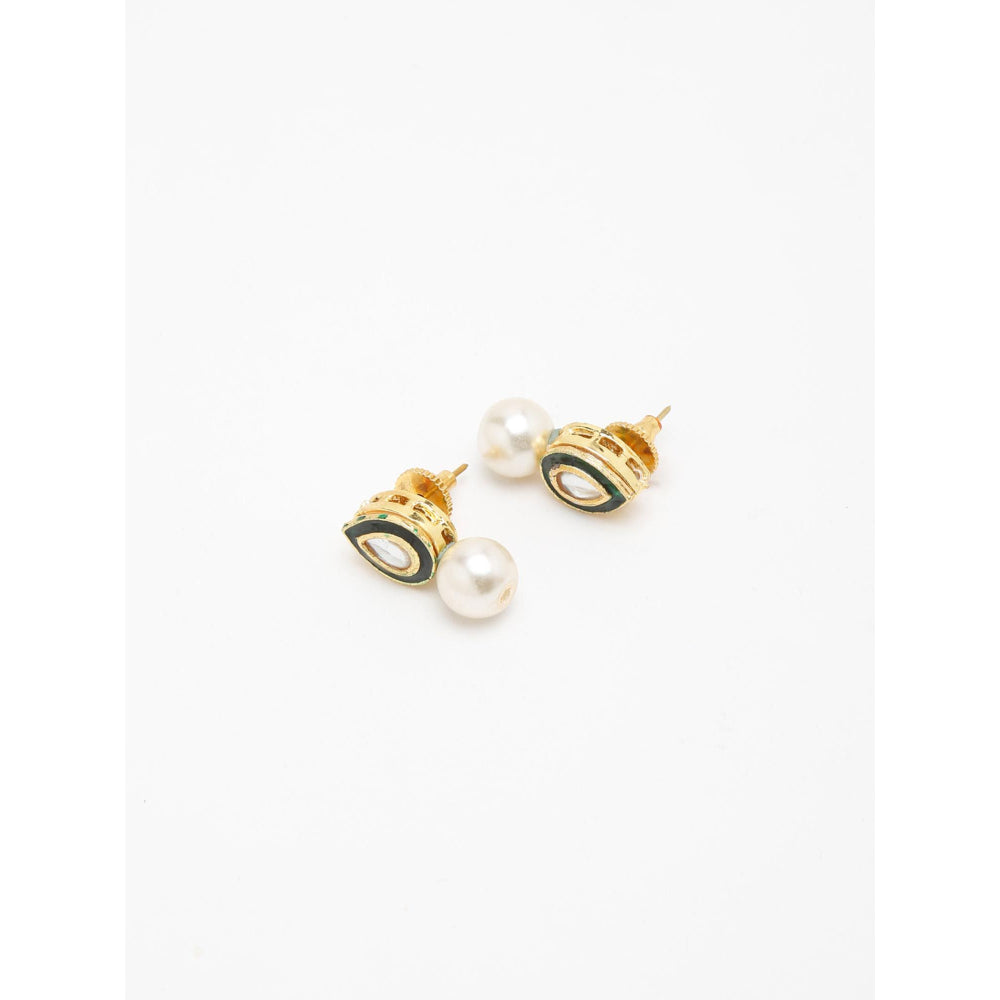 RUBY RAANG STUDIO Gold-Toned Green Pearl Teardrop Shaped Studs Earrings