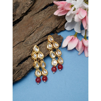 RUBY RAANG STUDIO Women Gold-Toned Maroon Teardrop Shaped Kundan Drop Earrings