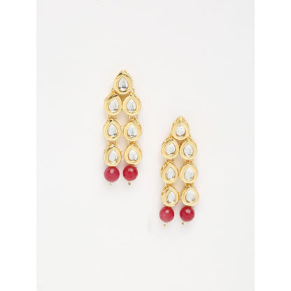 RUBY RAANG STUDIO Women Gold-Toned Maroon Teardrop Shaped Kundan Drop Earrings