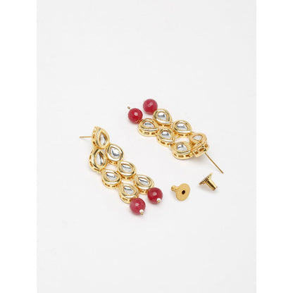 RUBY RAANG STUDIO Women Gold-Toned Maroon Teardrop Shaped Kundan Drop Earrings